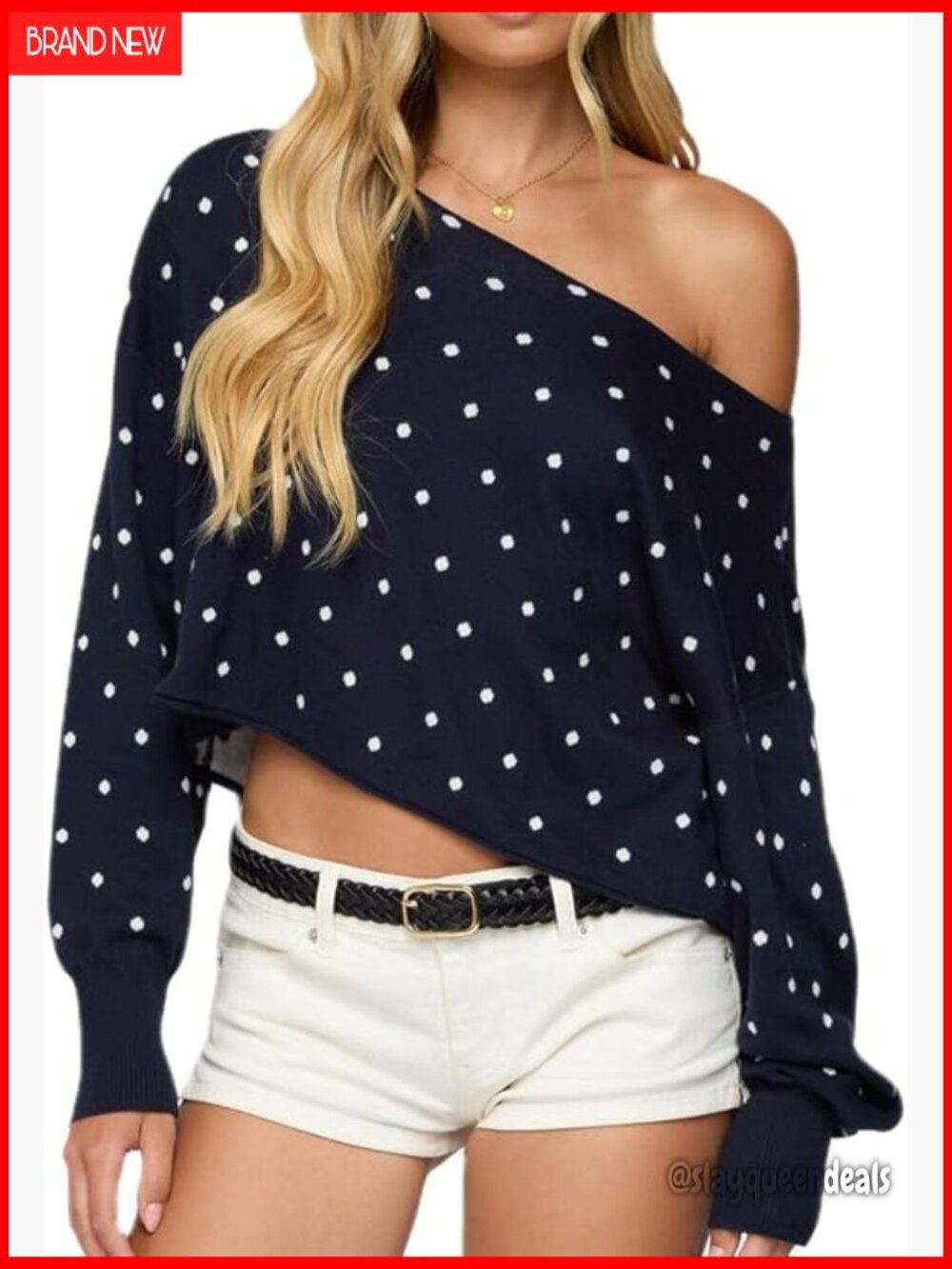 Oversized Off Shoulder Crop Top Long Sleeve Polka Dot Sweater Loose Fit